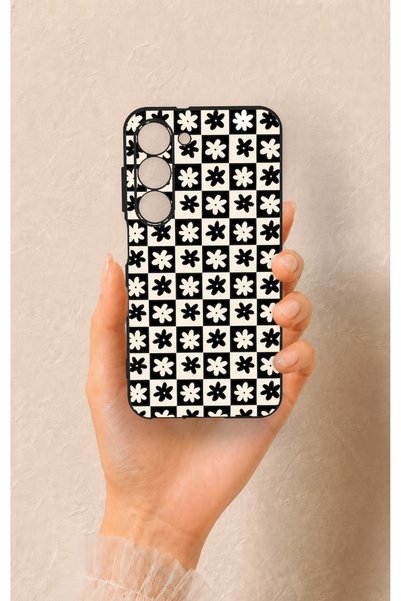 Vip Case Samsung S23 Compatible Flower Motif Checkered Pattern Silicone Case