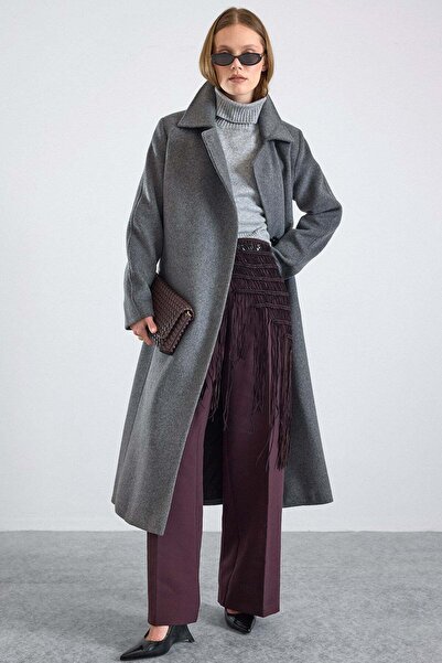 Olcay Button and Snap Detail Premium Coat with Punto Stitching Dark Gray 3171