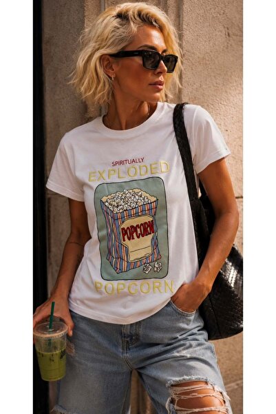 ibeeka Women's white premium popcorn print t-shirt with pearl embroidery detail