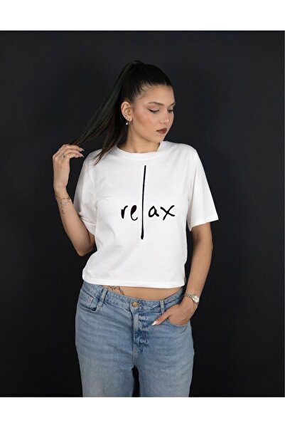 Krays Women's Black/White "Relax" Printed Cotton Short Sleeve Long Crop T-Shi...