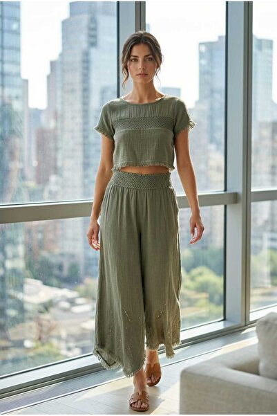 pier moda بنطلون نسائي من الكتان مطرز بالريش - شالوار بلون كاكي - قماش قطني 1...