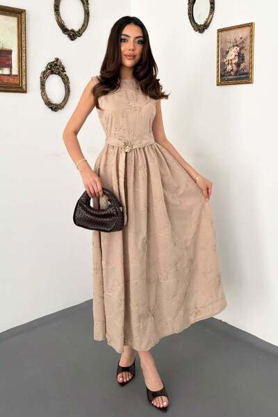 Moda Days Women's Mink Midi Dress with Floral Embroidery, Belted, Gathered, L...