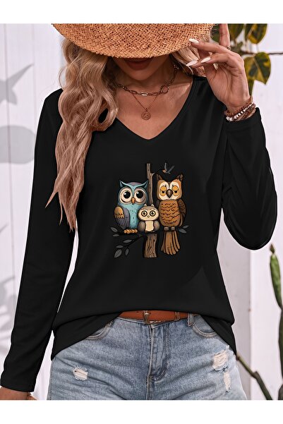 Deocept Black Printed Cotton V-Neck Long Sleeve Blouse