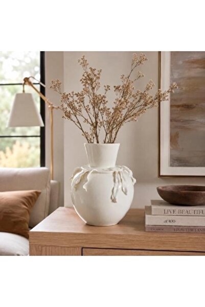 Warehouse Ceramic vase decorated with prominent leaves - Pearl White