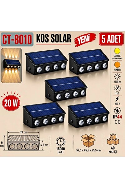Cata CT-8010 Kos Solar 20W LED Aplik Dış Mekan (CT-8010 G 5 Adet) Yukarı Aşağ...
