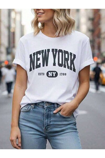 23ERVA Women's Cotton "NEW YORK ESTD 1788" Graphic Tee, Classic Round Neck Sh...