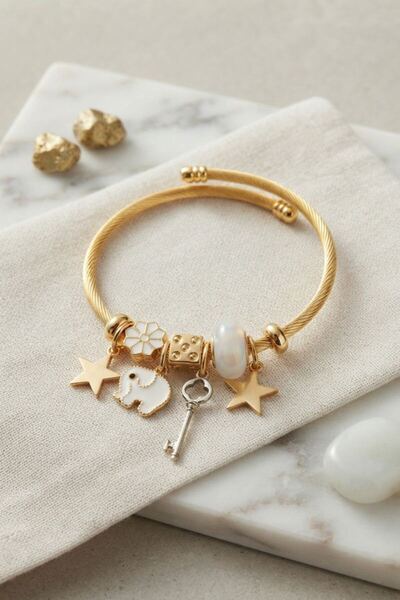 norsary Key and Elephant Model White Charm Bracelet