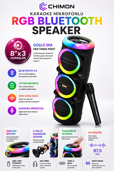 chimon Taşınabilir Mikrofonlu 90W LED Işıklı Bluetooth Karaoke Hoparlör Seti