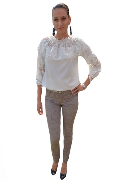 OEM Pantalon lung de vara, de culoare bej, cu model de flori mari