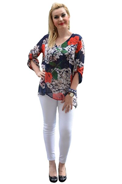 OEM Bluza moderna cu maneca scurta, nuanta bleumarin cu trandafiri