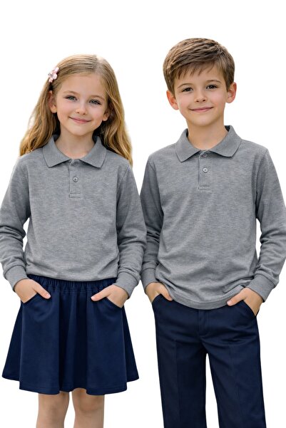 ERDEM KIDS تي شيرت مدرسي أساسي يومي باللون الرمادي بأكمام طويلة من القطن وياق...