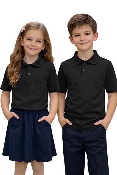 ERDEM KIDS تي شيرت مدرسي أساسي أسود اللون من القطن بأكمام قصيرة وياقة بولو لل...