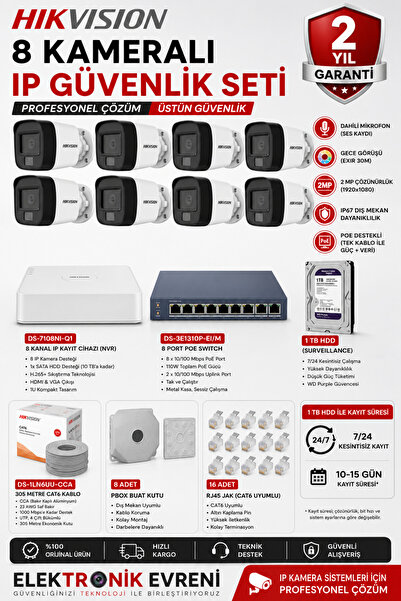 Hikvision 8 Kameralı IP Güvenlik Kamera Seti 2MP Sesli Gece Görüşlü PoE NVR 1...