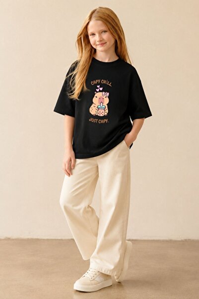 The Champ Clothing Girl's Oversize T-Shirt Cozy Mood Printed Black – Crew Nec...