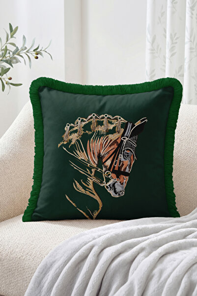 Realhomes Fringed Throw Pillow Cover with Horse Head and Spike Design - Moder...