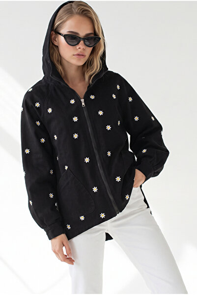 Olalook Women's Black Zippered Pocket Hooded Denim Jacket with Embroidery Det...