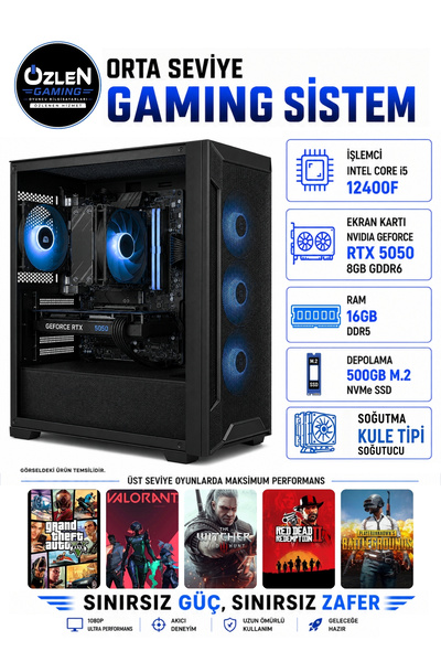 ÖZLEN X38 İ5 12400F RTX 5050 8GB 16GB DDR5 RAM 500GB M.2 SSD Oyuncu Bilgisayarı