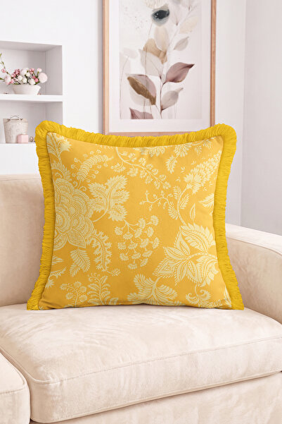 Realhomes Ivy and Floral Motif Damask Patterned Fringed Throw Pillow Cover - ...