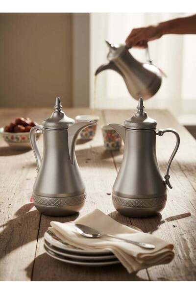 Reem 2-Piece Stainless Steel Tea/Coffee Dallah & Flask Set 1.0+1.0 Liters Grey