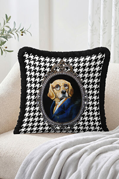 Realhomes Dog Portrait with Oval Frame and Glasses, Houndstooth Pattern, Frin...
