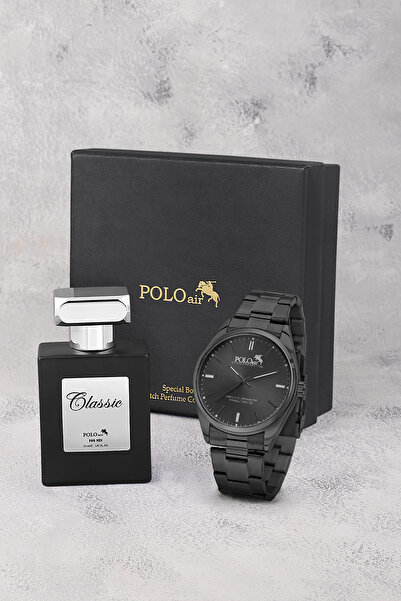 Poloair Klasik Metal Kordon Erkek Kol Saati Ve 55 ml Parfüm Seti Siyah Renk S...