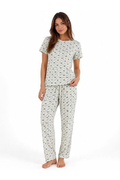 Kadın Kısa Kollu Bisiklet Yaka Kurdele Desenli Yazlık Pijama Takımı