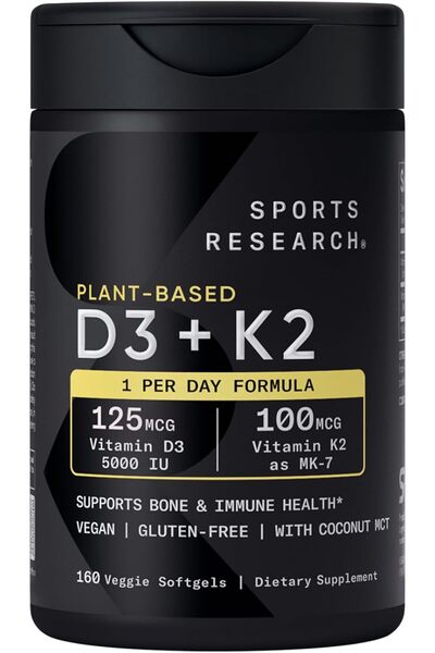 Sports Research Plant-Based D3 + K2 125 mcg vitamin D3 5000 IU - 100 mcg K2 a...