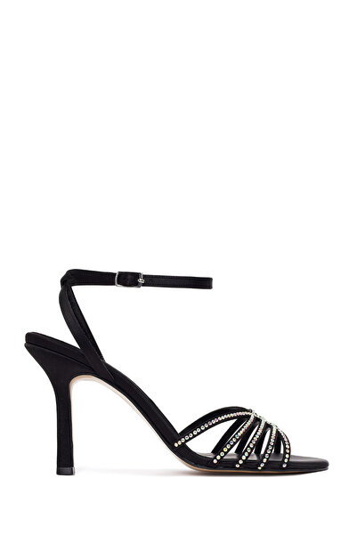 Derimod Women's Black Ankle Buckle Stoned Thin High Heel Sandals 26Sfe391314