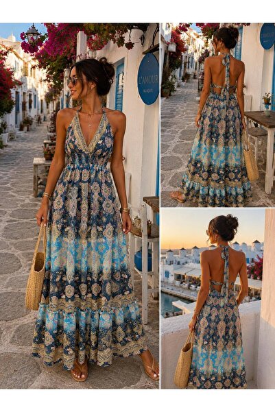 shop Kadın Mavi Etnik Desenli %80 İpek Sırt Dekolteli Askılı Uzun Maxi Yazlık...