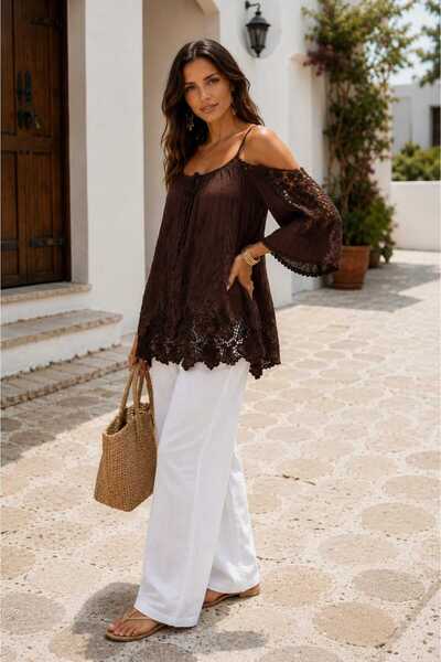 Butik Şans Women's Off-The-Shoulder Guipure Detailed Lined Silk Blend Italian...