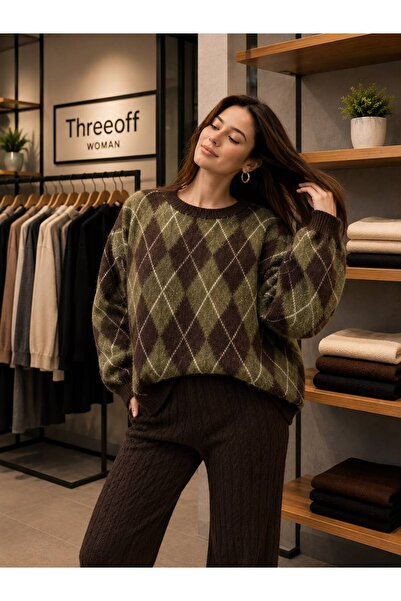 threeoff Kadın Premium Baklava Desenli Triko Kazak Oversize Salaş Kesim Kışlık
