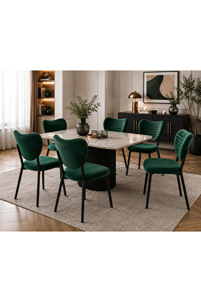 DENEL Mutfak Sandalyesi Modern Zümrüt Yeşil Kumaş Salon Sandalyesi Antrasit M...