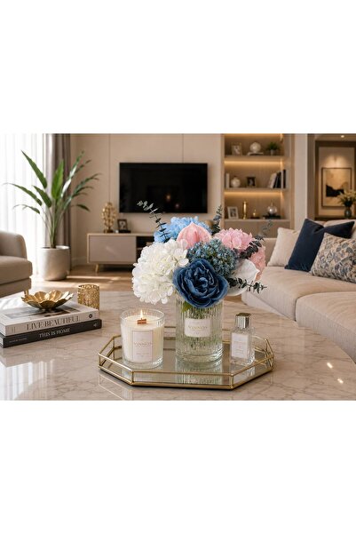 VINNOS HOME CONCEPT ترتيب زهور الأورتندكا الاصطناعية مع وعاء زجاجي - شمعة الص...