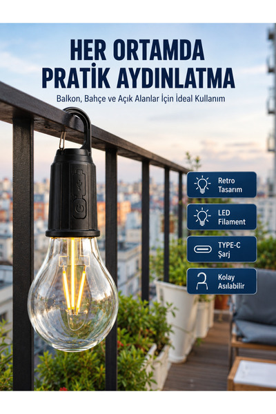 Lisinya Şarjlı Dekoratif Kamp Lambası Askılı Ampul Led Işık Type-C Girişli -