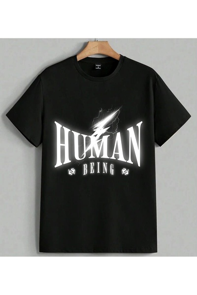 ELFERA White Feather Simple Design Printed Unisex Oversize T-Shirt Black