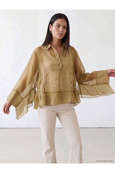 LC Waikiki Lcw Modest Khaki Shirt Collar Ruffled Tulle Cape Blouse