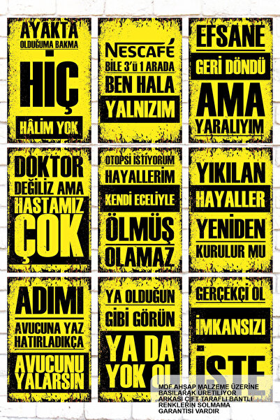 bin ler ce tablo 9 Parça Karışık Yazılı Ahşap Tablo Seti sarı zeminli duvar y...