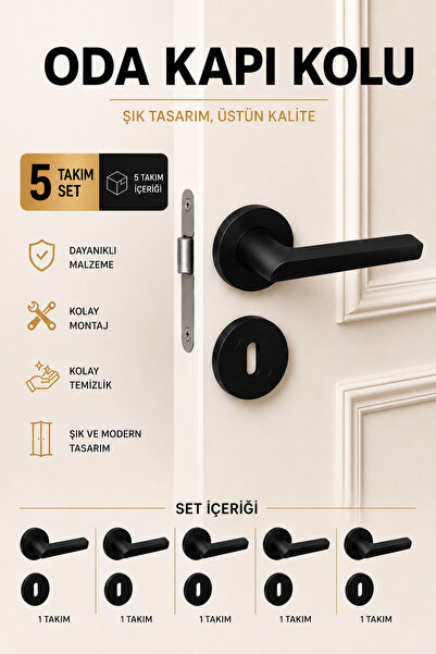 Badem10 (5 TAKIM SET) Hira Hayal Mat Siyah Oda Kapı Kolu Yuvarlak Rozetli Mod...