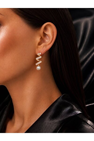 AURA ATELİER MODA Aura Baguette Zircon Stone Pearl Tip Gold Plated Women's Ea...