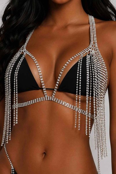 TAKIŞTIR Gümüş Renk Taş Detaylı Bikini Üstü /Bralet /Vücut Aksesuarı
