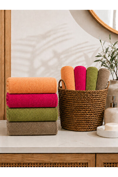 İQON 4-Piece Cotton Hand-Face Towel Set Orange- Fuchsia- Khaki- Brown (50X85 cm)