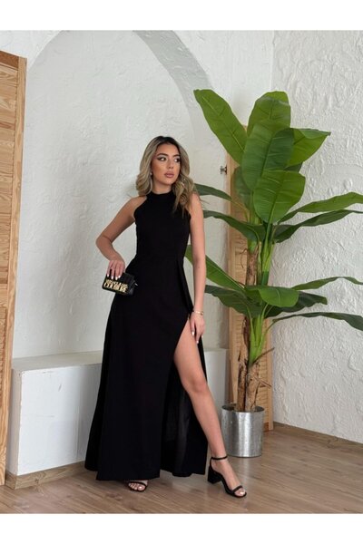 oniks store Women's halter neck deep slit detailed full length imported crepe...