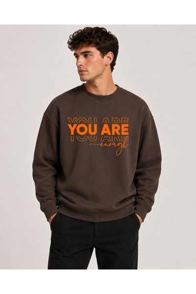 herkesemoda You Are Print Detailed Crew Neck 2 Thread Sweatshirt with Embroidery