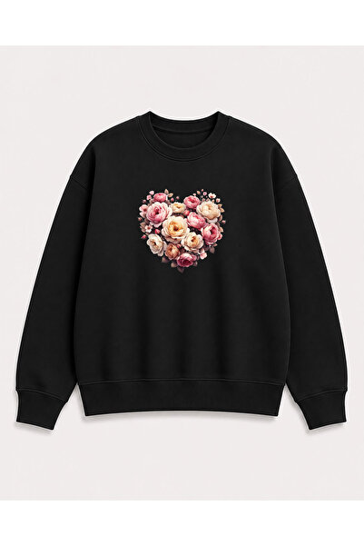 herkesemoda Heart and Roses Print Detailed Crew Neck 2 Thread Sweatshirt