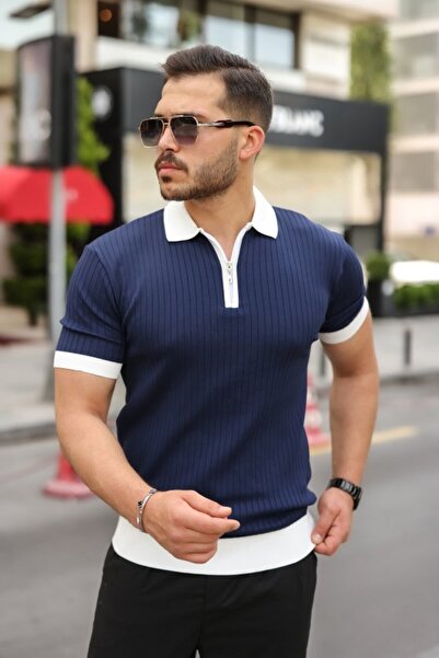 pazarella Men's Collar and Sleeve Detailed Zipper Collar Stripe Pattern Short...
