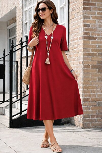 pazarella Women's Short Sleeve V-Neck Midi Viscose Dress with Pocket Detail
