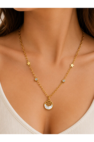 Bymiel Women's Gold Color Star and Zircon Stone Detailed Double Chain Stainle...