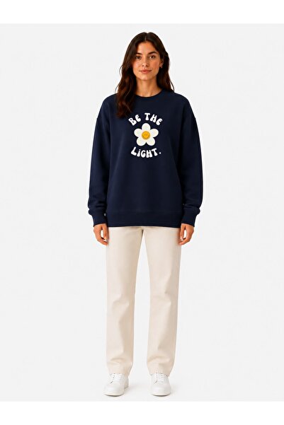 herkesemoda Be the Light Daisy Print Detailed Embroidered 2 Thread Crew Neck ...