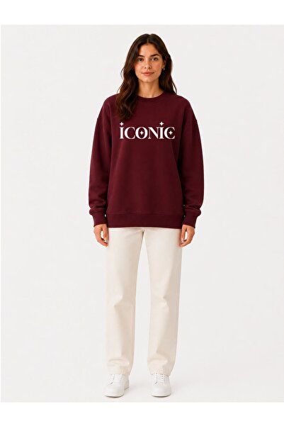 herkesemoda Iconic Print Detailed Shirred 2 Thread Crew Neck Sweatshirt