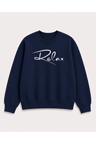 herkesemoda Relax Lettering Print Detailed Embroidered 2 Thread Crew Neck Swe...